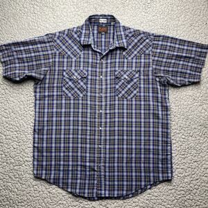 Plains Western Wear Pearl Snap Shirt Mens XLT Tall Man Blue Plaid Short Sleeve